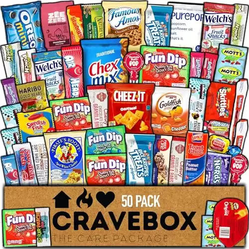 CRAVEBOX Snack Box (50 Count) Valentines Day Variety Pack Gift Care Package Basket Adult Kid Guy Girl Women Men Birthday College Student Office Back to School