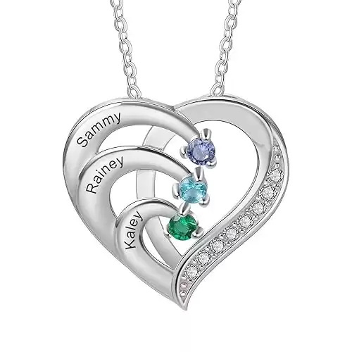 925 Sterling Silver Mother Necklace with 3-4 Simulated Birthstones Personalized Women’s Promise Necklace Engraved Names Family Anniversary Jewelry for Grandma