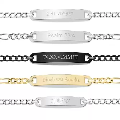 Personalized Sterling Silver/Stainless Steel Bar ID Bracelet – Custom Engraved Inspirational Words, Dates or Names- Adjustable – Gift Box Included – Elegant Jewelry for Anniversary, ...