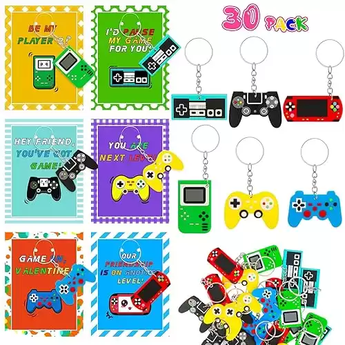 Valentines Day Gifts for Kids, 30 Pack Video Game Keychains with Valentines Day Cards for Kids School Valentines Cards for Classroom Valentine Exchange Card for Boys Girls